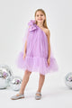 Lila  Tek Omuzlu Fiyonklu Kız Çocuk Tül Elbise - Orlene