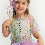 Çok Renkli Yıldız Baskılı Kız Çocuk Tül Crop