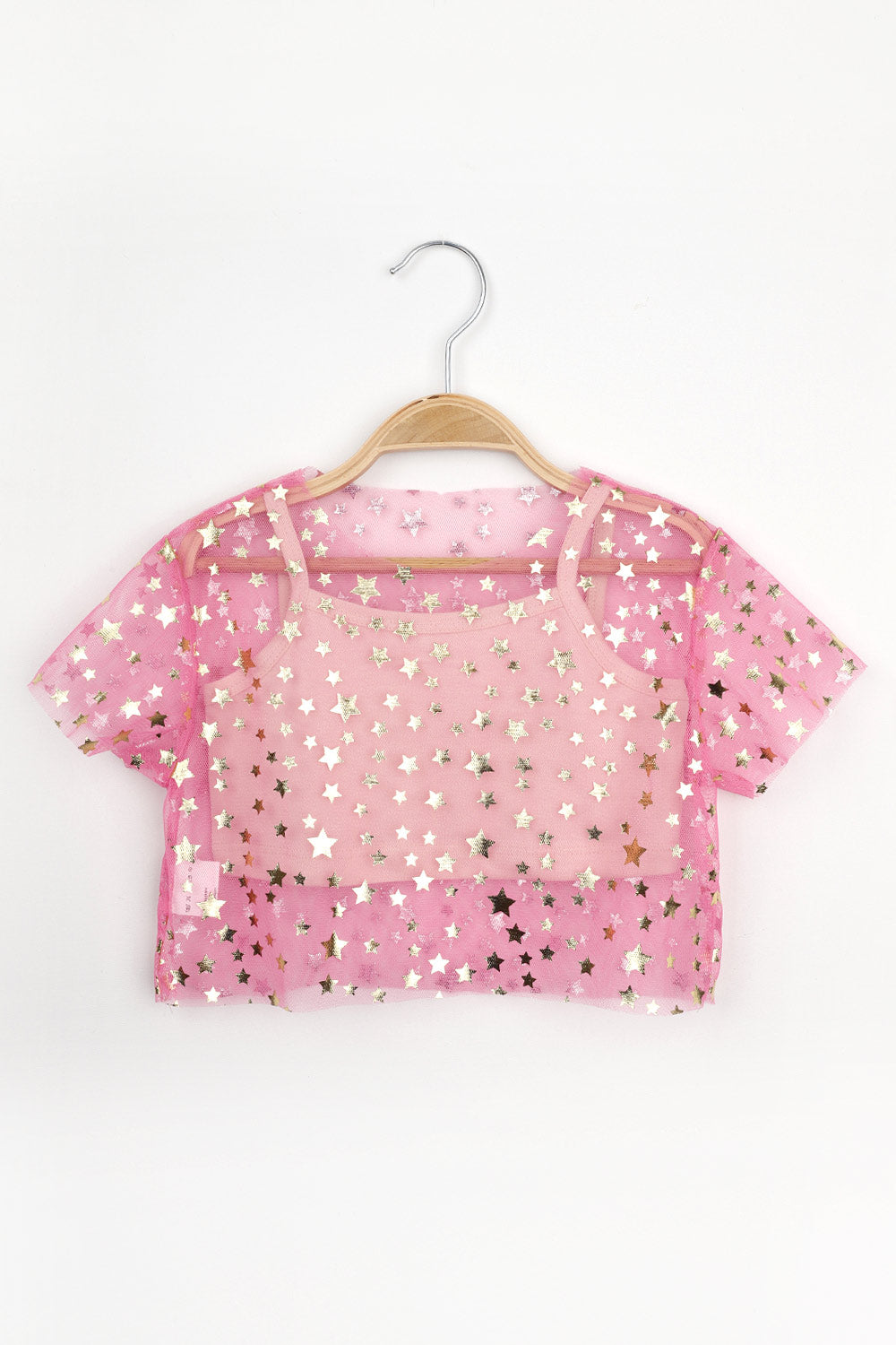 Pembe  Yıldız Baskılı Kız Çocuk Tül Crop