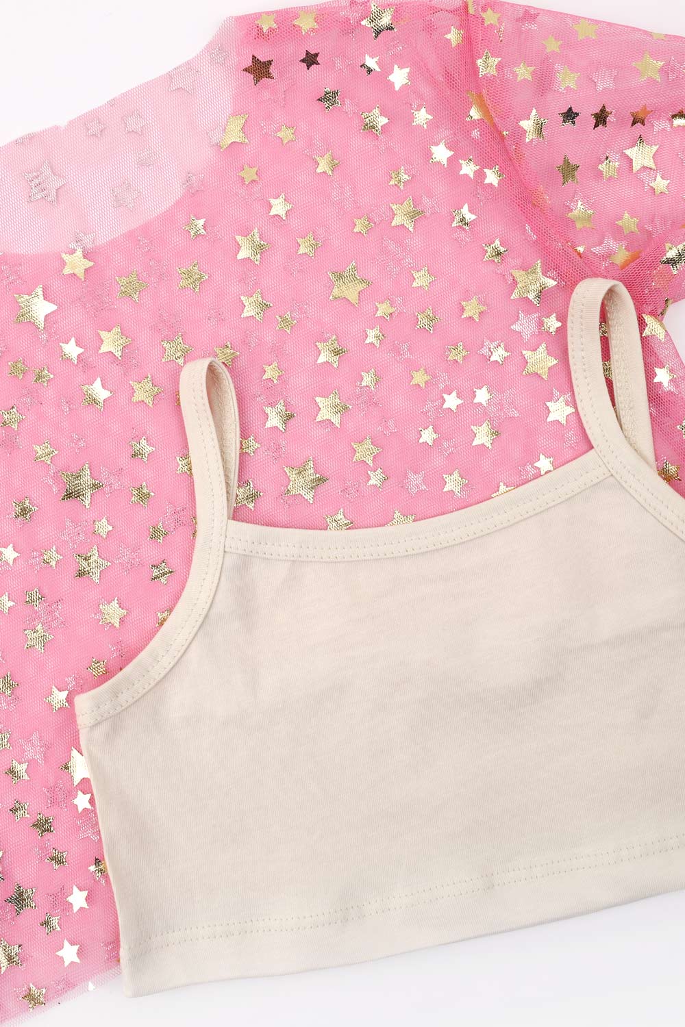 Pembe  Yıldız Baskılı Kız Çocuk Tül Crop