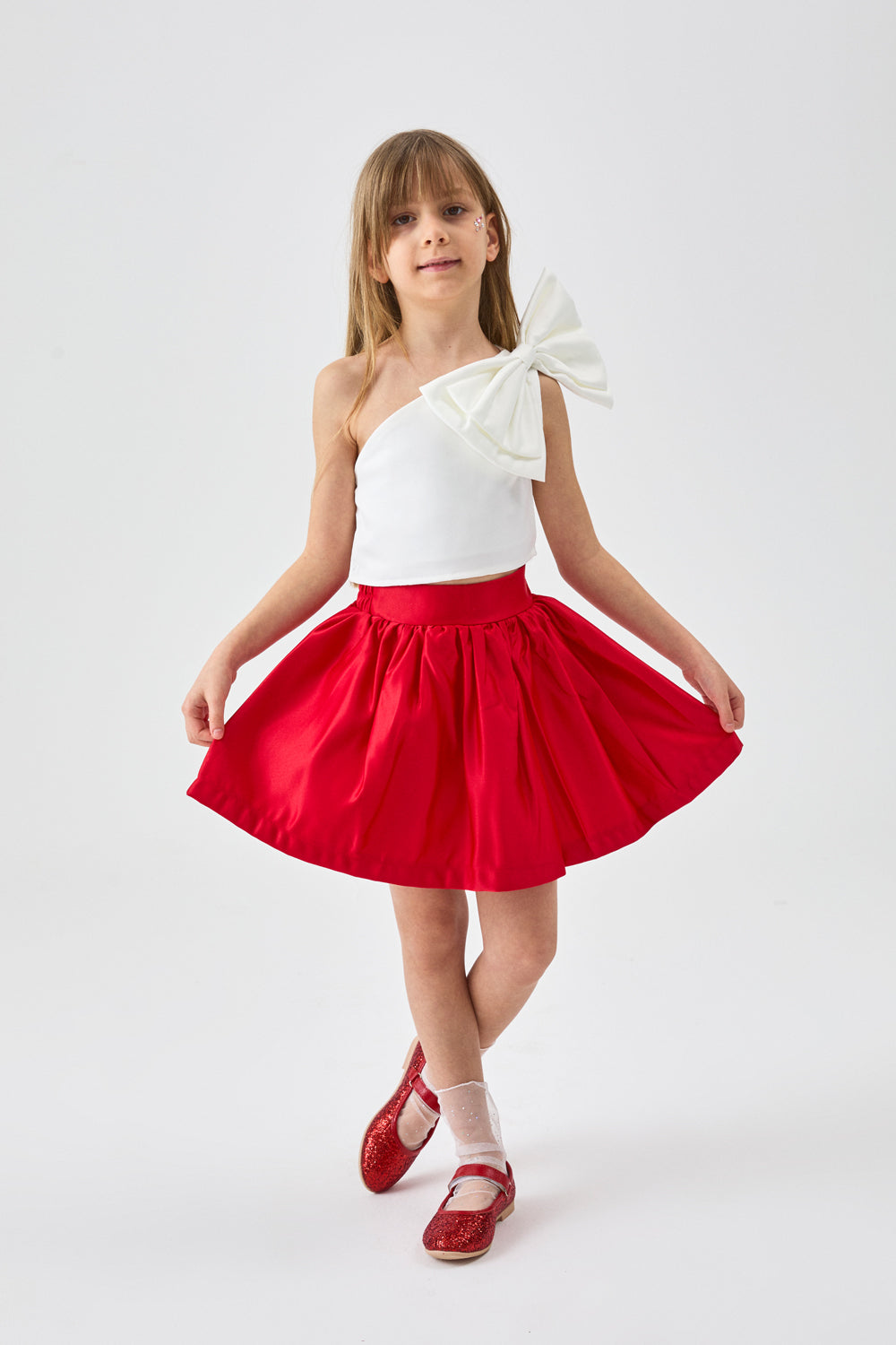 Kırmızı Tek Omuzlu Fiyonk Detaylı Etek Crop Kız Çocuk İkili Takım - Luisa