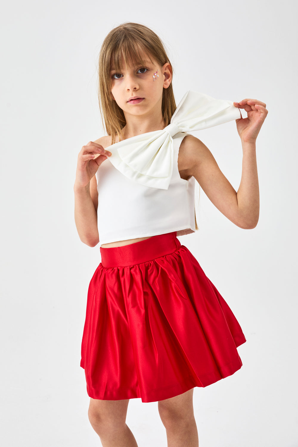 Kırmızı Tek Omuzlu Fiyonk Detaylı Etek Crop Kız Çocuk İkili Takım - Luisa