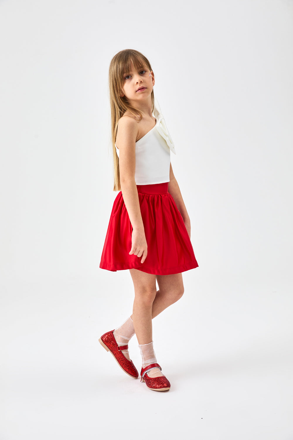 Kırmızı Tek Omuzlu Fiyonk Detaylı Etek Crop Kız Çocuk İkili Takım - Luisa