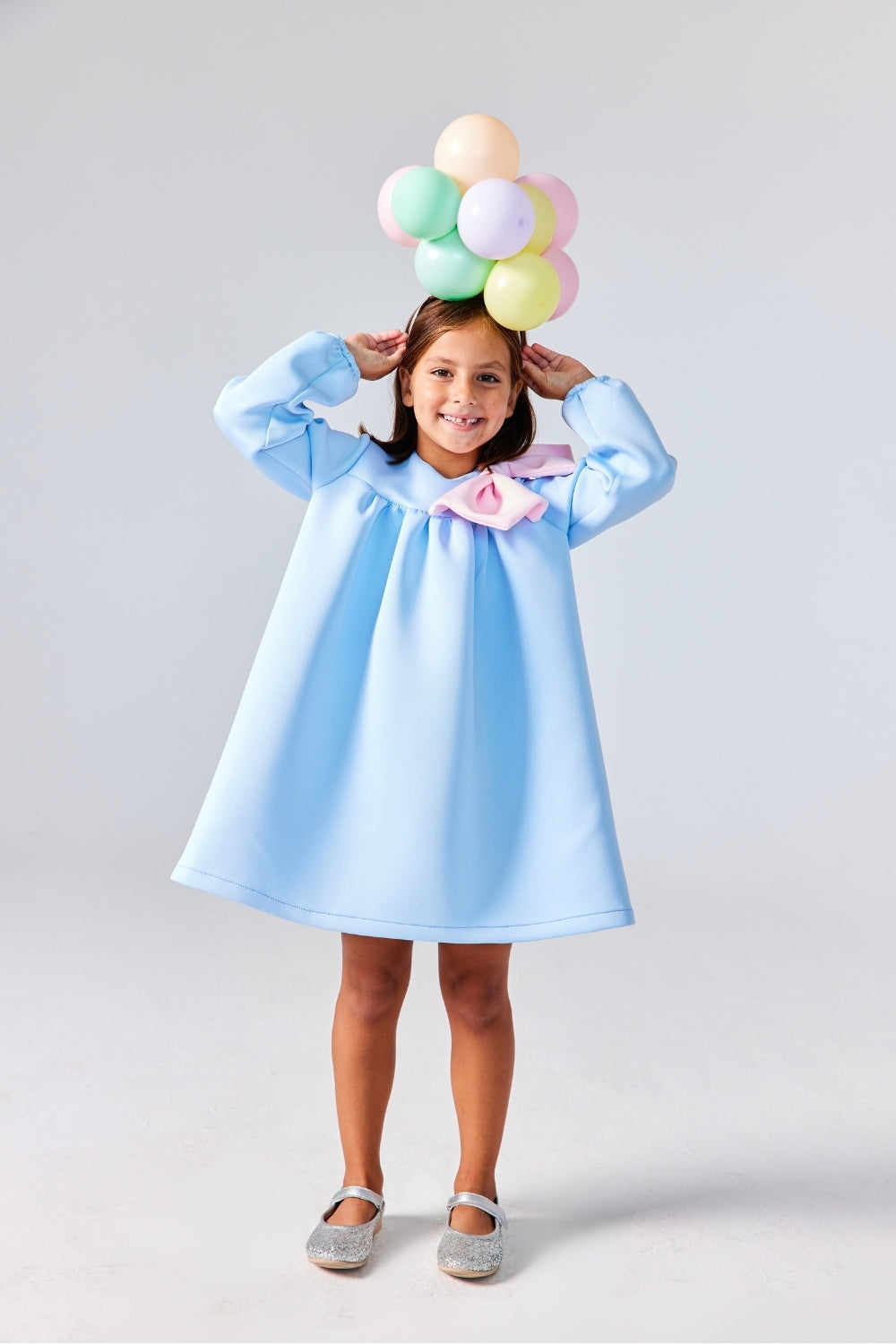 Mavi Omzu Fiyonk Detaylı Kız Çocuk Elbise - Leah