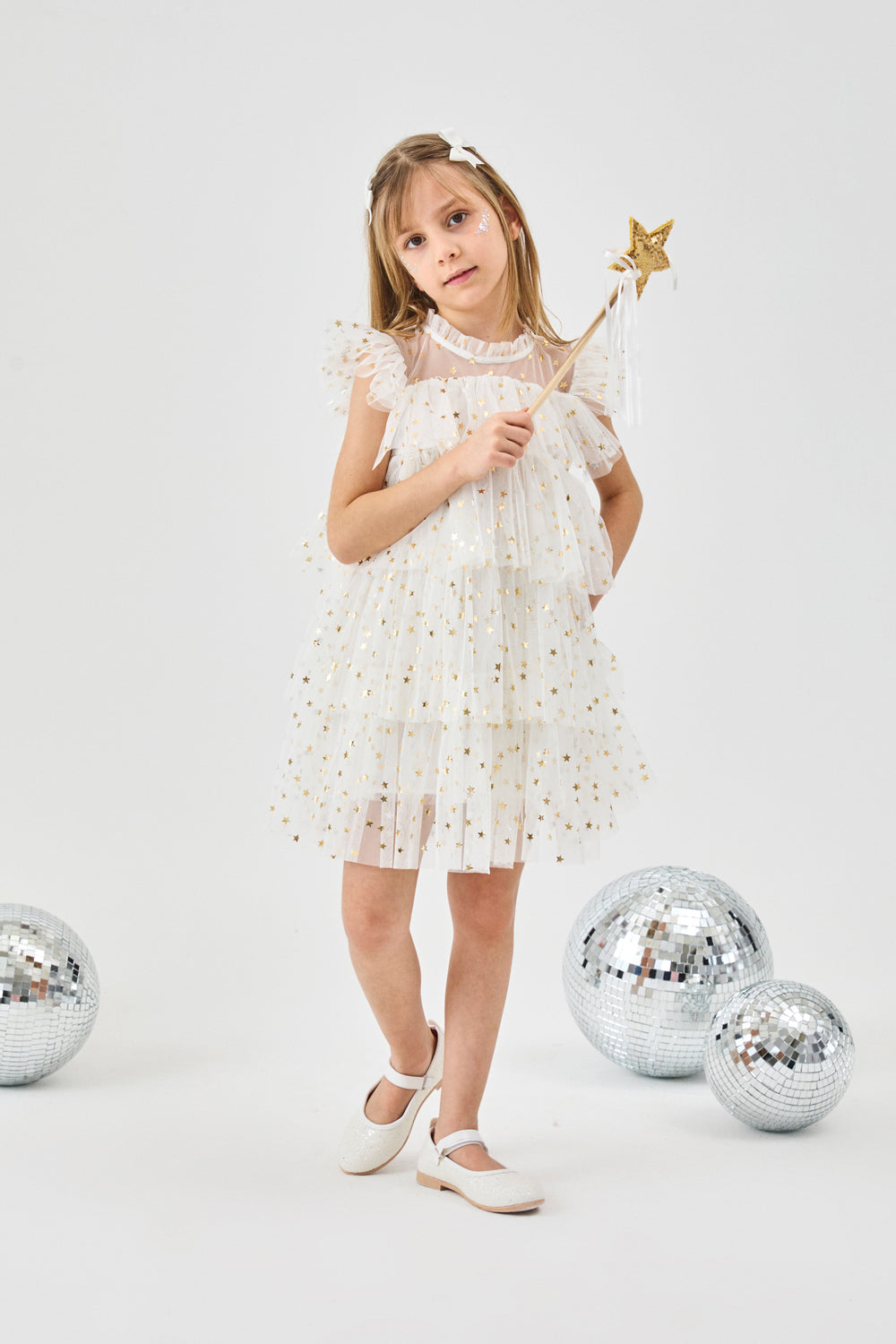 Ekru Yıldızlı Katlı Kız Çocuk Tül Elbise - Essie