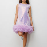 Lila Etek Ucu Tüllü Pullu Kız Çocuk Elbise - Evie