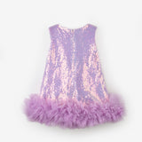 Lila  Etek Ucu Tüllü Pullu Kız Çocuk Elbise - Evie