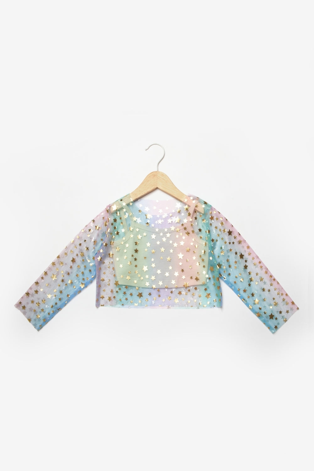 Çok Renkli Uzun Kollu Yıldızlı Kız Çocuk Tül Crop