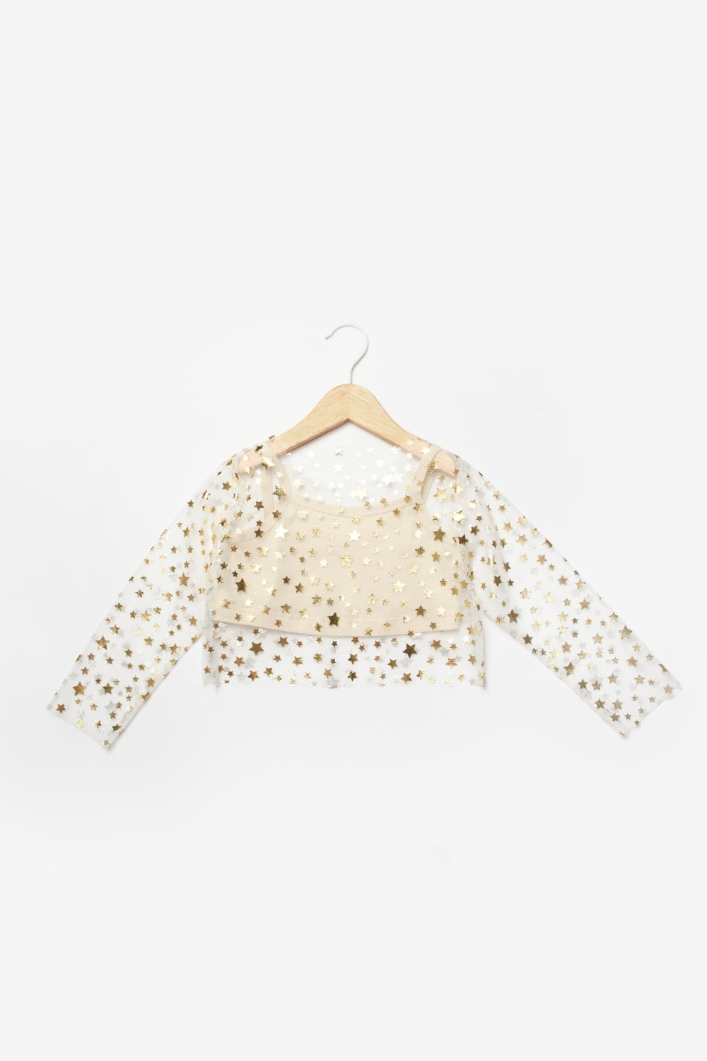 Ekru Uzun Kollu Yıldızlı Kız Çocuk Tül Crop