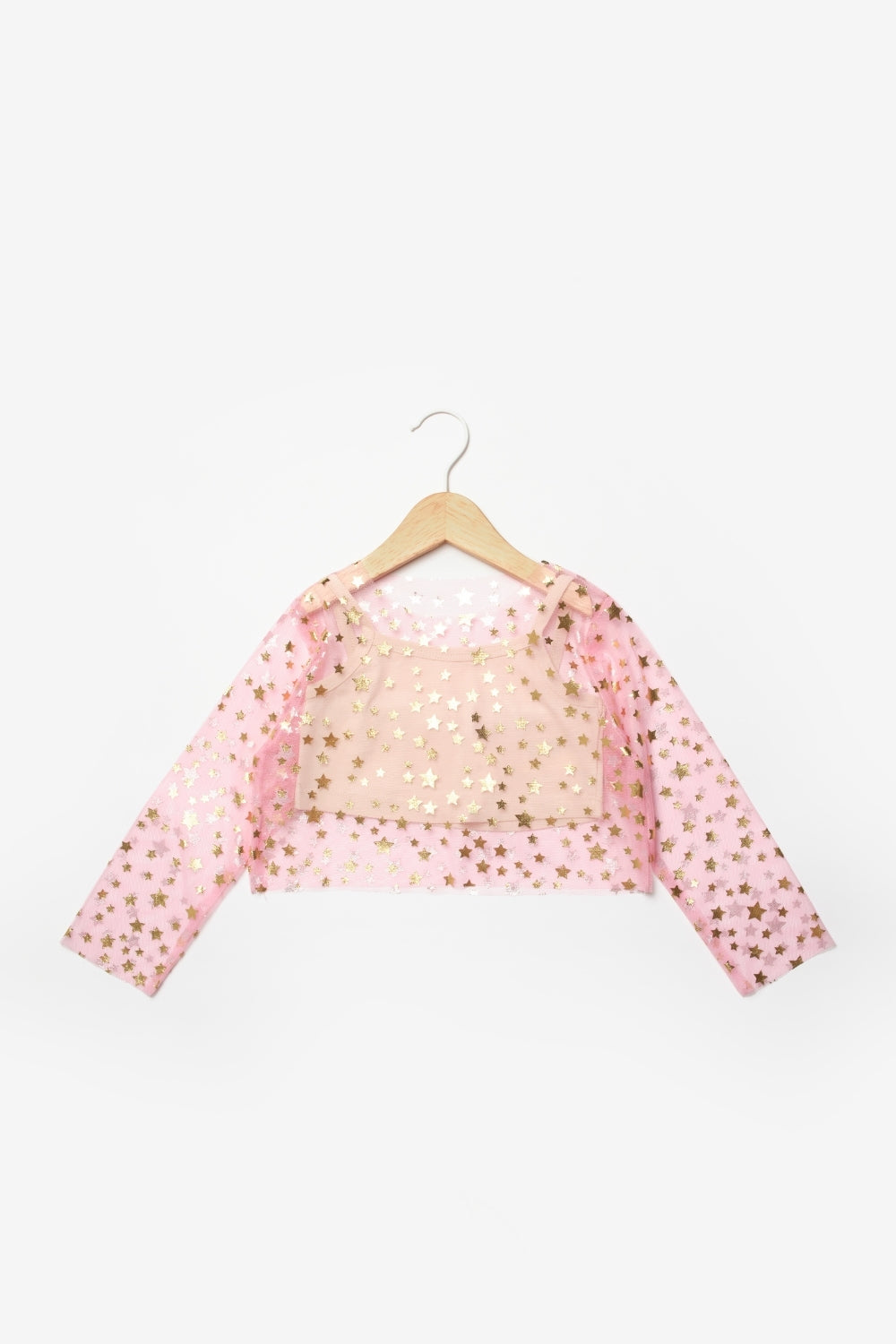 Pembe Uzun Kollu Yıldızlı Kız Çocuk Tül Crop