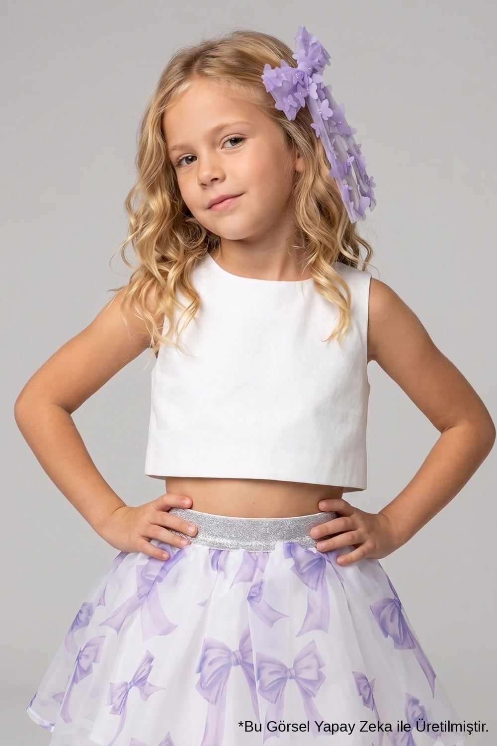 Ekru  Saten Kolsuz Kız Çocuk Crop