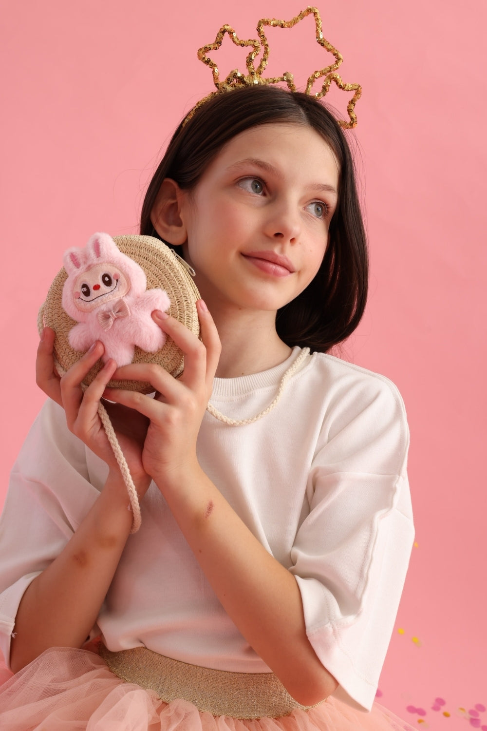 Pembe Oyuncak Figürlü Kız Çocuk Hasır Çanta