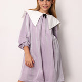 Lila  Uzun Kollu Yaka Detaylı Simli Kız Çocuk Elbise - Maya