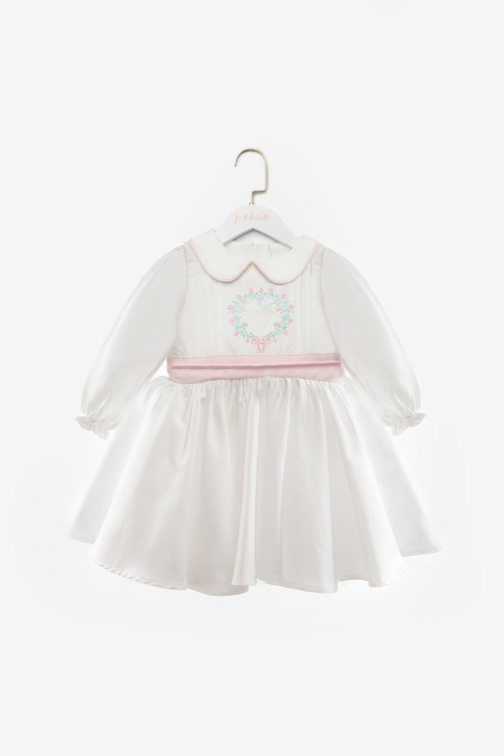 Beyaz Uzun Kollu Çiçek Nakışlı Kız Çocuk Elbise - Rina