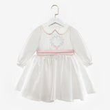 Beyaz Uzun Kollu Çiçek Nakışlı Kız Çocuk Elbise - Rina