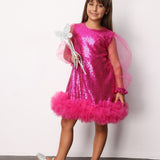 Fuşya Pullu Etek Ucu Tüllü Kız Çocuk Elbise - Balenca