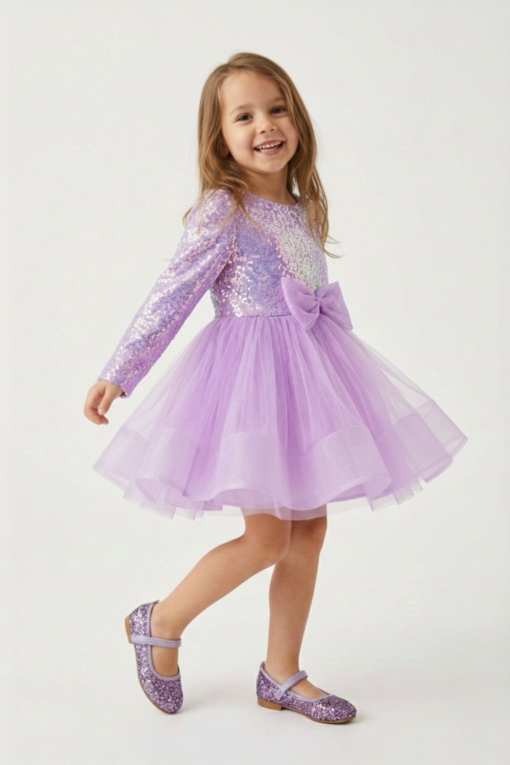 Lila  Pullu Grenli Fiyonk Detaylı Kız Çocuk Elbise - Irene