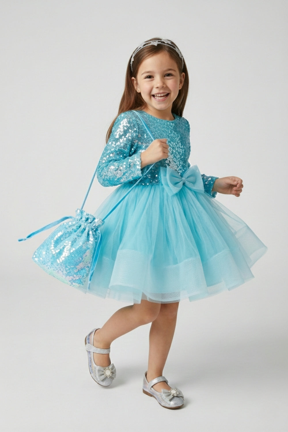 Mavi Pullu Grenli Fiyonk Detaylı Kız Çocuk Elbise - Irene