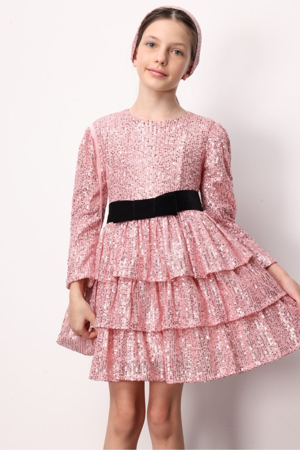 Pembe  Pullu Katlı Kız Çocuk Elbise - Liona
