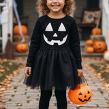 Siyah  Bal Kabağı Baskılı Tül Etekli Kız Çocuk Elbise - Sandra