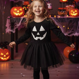 Siyah  Bal Kabağı Baskılı Tül Etekli Kız Çocuk Elbise - Sandra