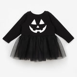 Siyah  Bal Kabağı Baskılı Tül Etekli Kız Çocuk Elbise - Sandra