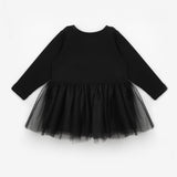 Siyah  Bal Kabağı Baskılı Tül Etekli Kız Çocuk Elbise - Sandra