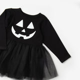 Siyah  Bal Kabağı Baskılı Tül Etekli Kız Çocuk Elbise - Sandra