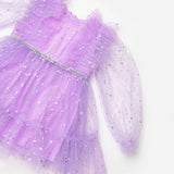 Lila  Omzu Fırfır Detaylı Yıldızlı Kız Çocuk Elbise - Stella