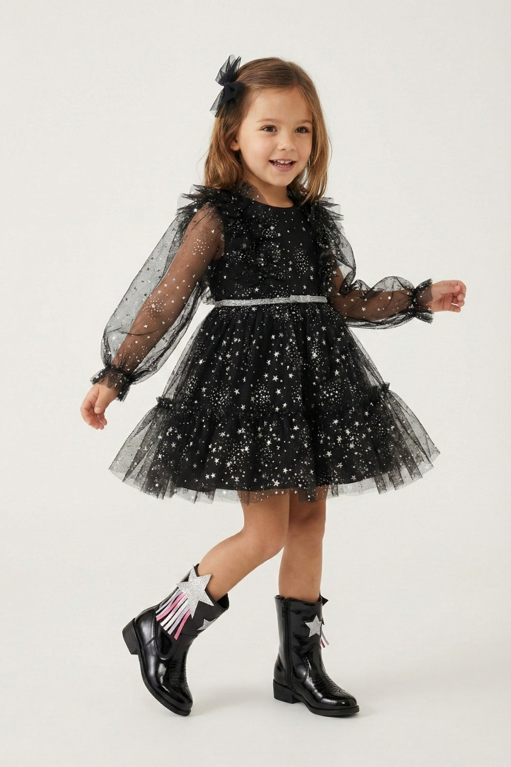 Siyah  Omzu Fırfır Detaylı Yıldızlı Kız Çocuk Elbise - Stella