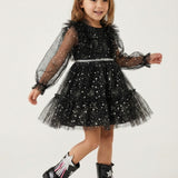 Siyah  Omzu Fırfır Detaylı Yıldızlı Kız Çocuk Elbise - Stella