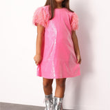 Fuşya  Kolları Püsküllü Pullu Kız Çocuk Elbise - Delit