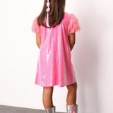 Fuşya  Kolları Püsküllü Pullu Kız Çocuk Elbise - Delit