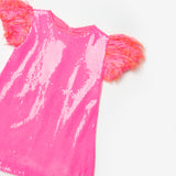 Fuşya  Kolları Püsküllü Pullu Kız Çocuk Elbise - Delit