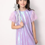 Lila  Kolları Püsküllü Pullu Kız Çocuk Elbise - Delit