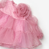 Gülkurusu  Puantiyeli Gül Aksesuarlı Kız Çocuk Elbise - Belinda