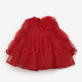 Kırmızı  Puantiyeli Gül Aksesuarlı Kız Çocuk Elbise - Belinda