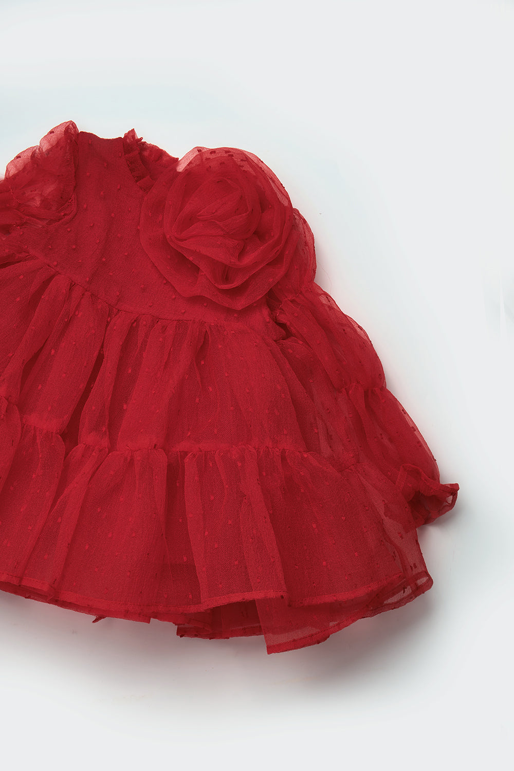 Kırmızı Puantiyeli Gül Aksesuarlı Kız Çocuk Elbise - Belinda
