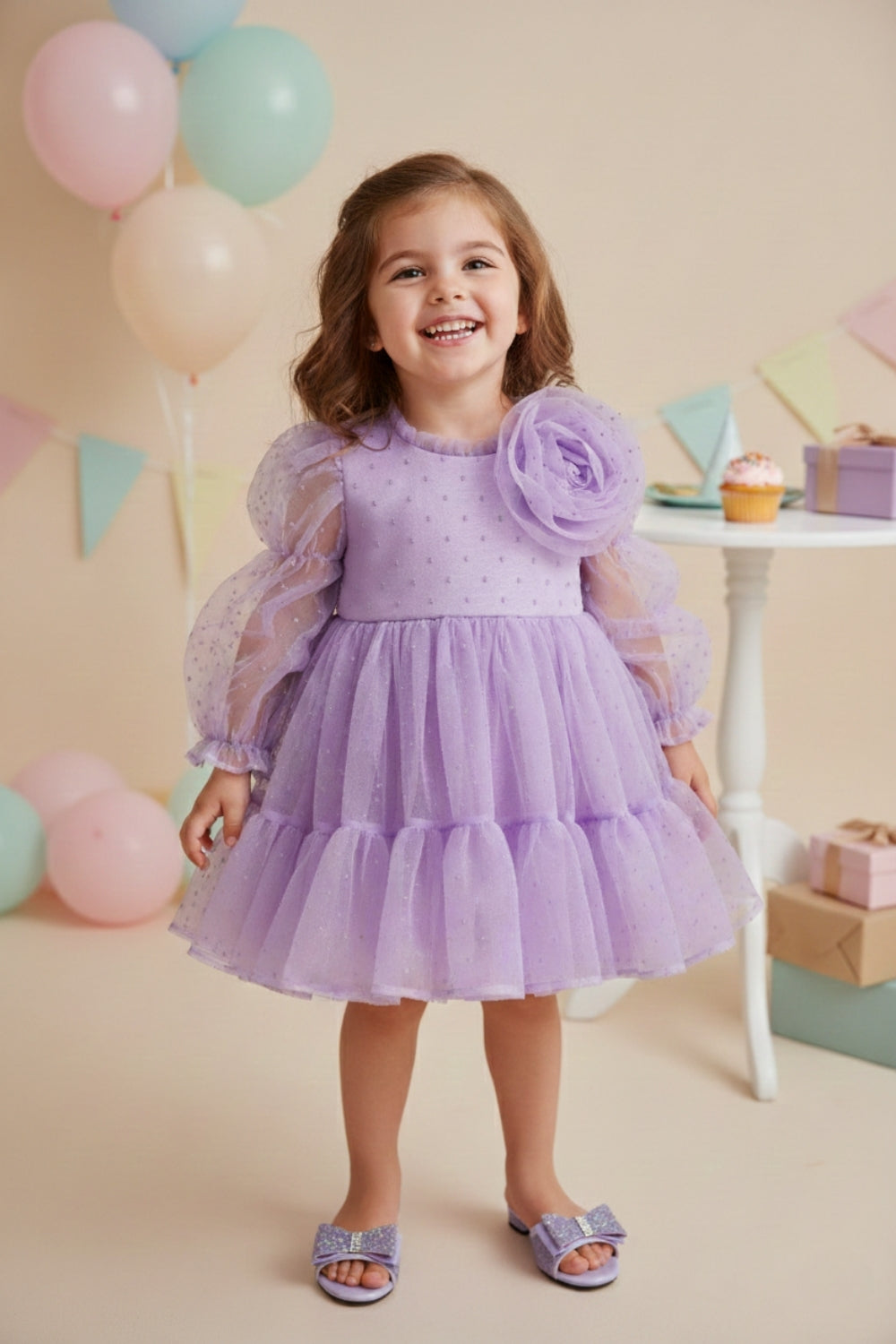 Lila  Puantiyeli Gül Aksesuarlı Kız Çocuk Elbise - Belinda
