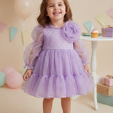 Lila  Puantiyeli Gül Aksesuarlı Kız Çocuk Elbise - Belinda