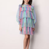 Çok Renkli  Varak Yıldız Baskılı Katlı Kız Çocuk Elbise - Chloe