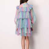 Çok Renkli  Varak Yıldız Baskılı Katlı Kız Çocuk Elbise - Chloe