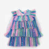 Çok Renkli  Varak Yıldız Baskılı Katlı Kız Çocuk Elbise - Chloe