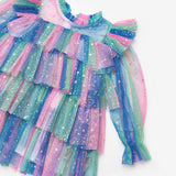 Çok Renkli  Varak Yıldız Baskılı Katlı Kız Çocuk Elbise - Chloe