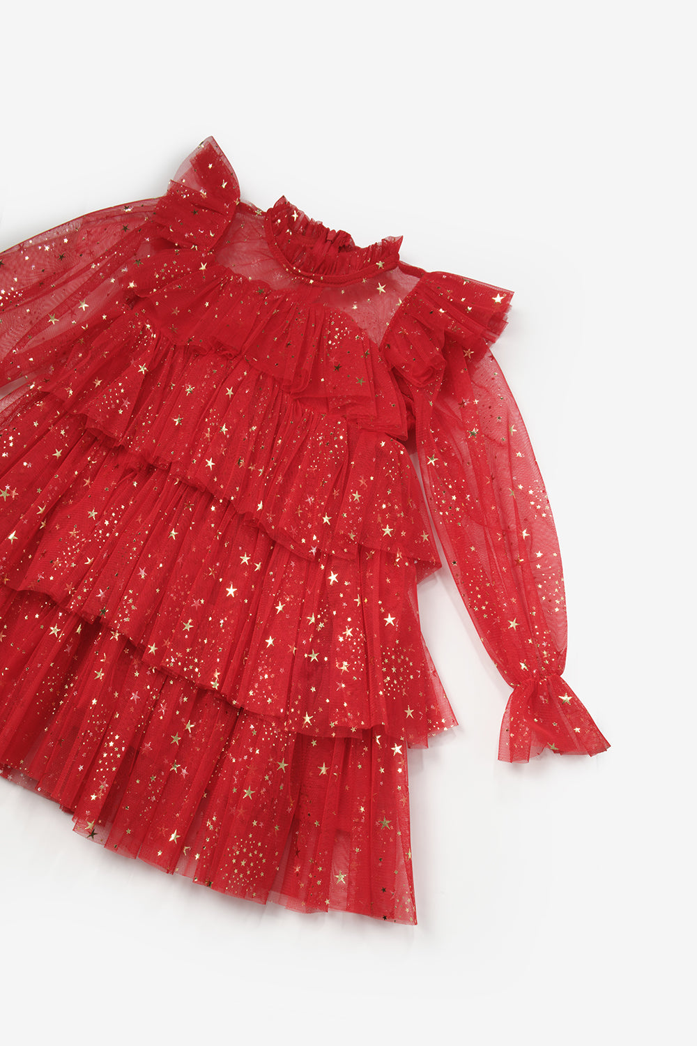 Kırmızı Varak Yıldız Baskılı Katlı Kız Çocuk Elbise - Chloe