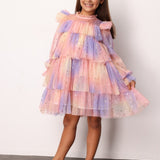 Sarı  Varak Yıldız Baskılı Katlı Kız Çocuk Elbise - Chloe