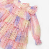 Sarı  Varak Yıldız Baskılı Katlı Kız Çocuk Elbise - Chloe