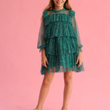 Yeşil  Varak Yıldız Baskılı Katlı Kız Çocuk Elbise - Chloe