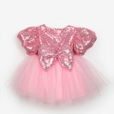 Pink Bow Detailed Sequined Baby Girls' Dress - Amber