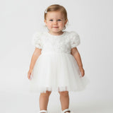 Beyaz  Gül Detaylı Kız Bebek Elbise - Elina
